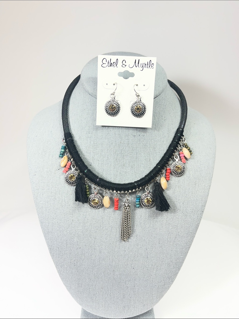 Ethel & Myrtle Bohemian Charms & Tassels Necklace & Drop Earrings Set New w/Tag